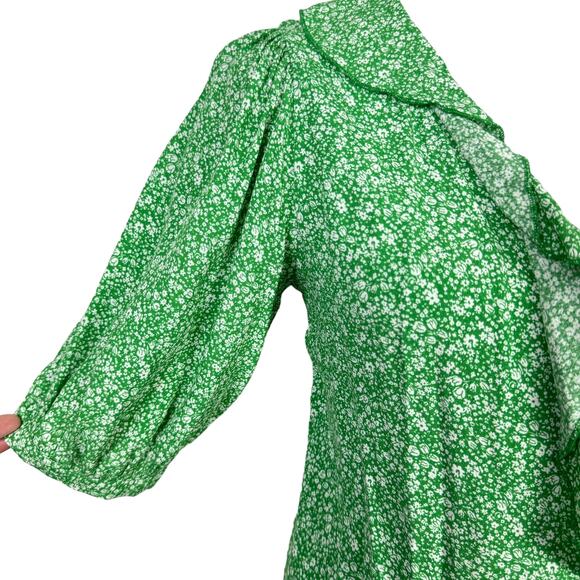 Q2 Green & White Micro Floral Print Ruffle V-neck Dainty Wrap Boutique Blouse - Picture 8 of 11